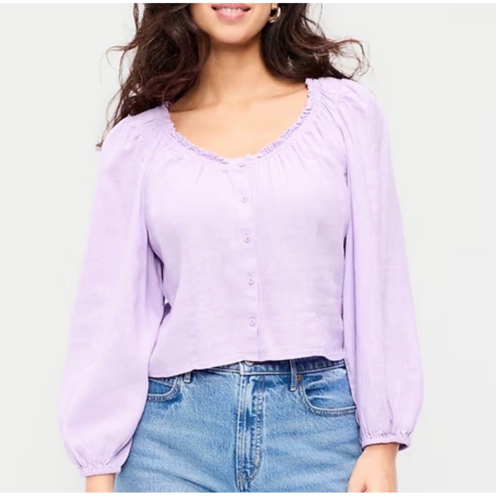 Old Navy Lavender Linen Blend Ruffle Neck Button Front Balloon Sleeve Blouse L